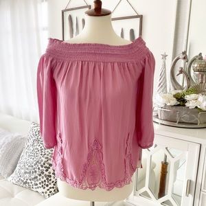 Off The Shoulders Pink Bohemian Floral Lace Top